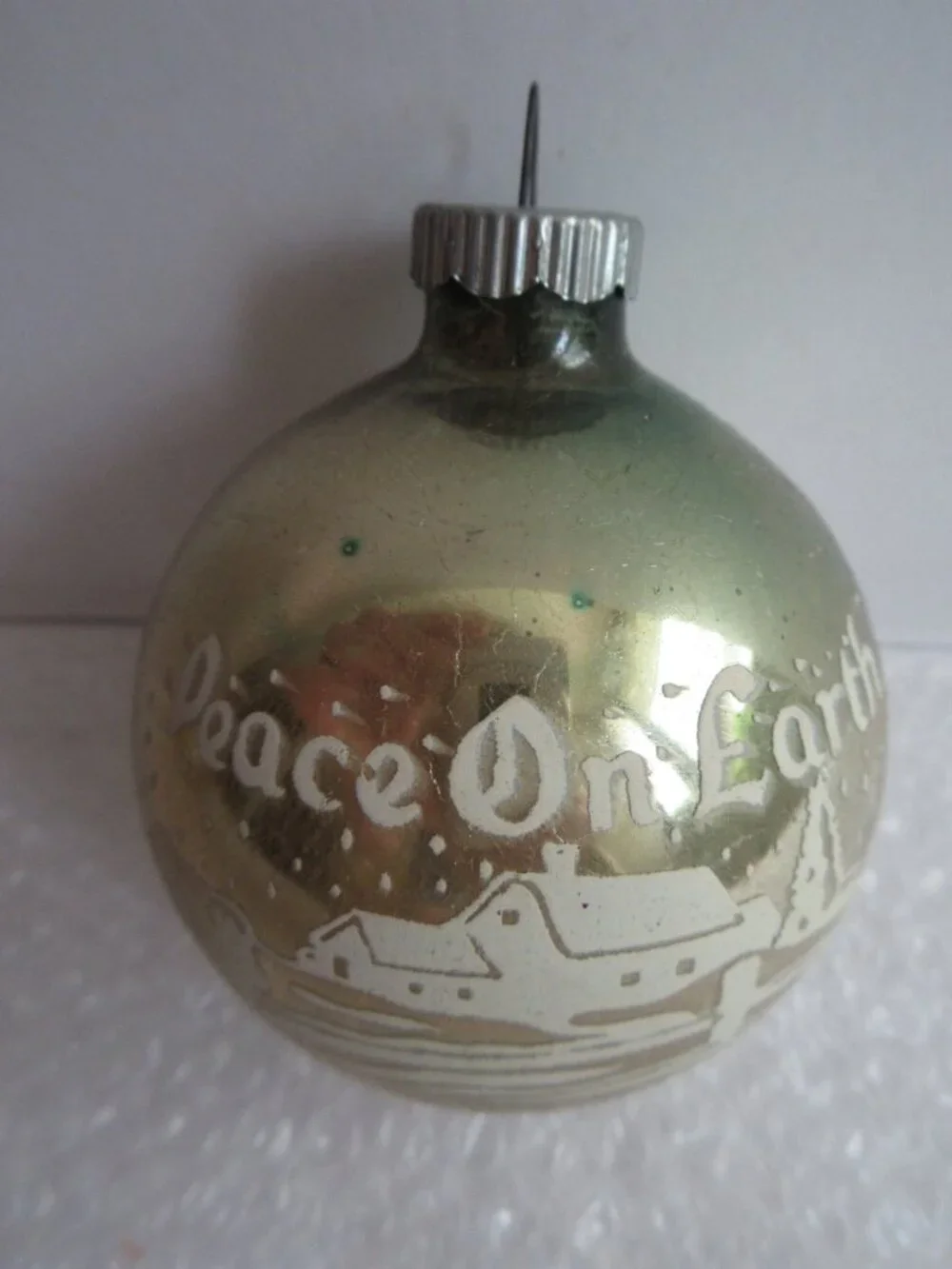 3 Shiny Brite Peace on Earth Stencil Gold Glass Christmas Ball Ornaments Vintage